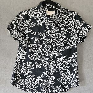 Michael Kors Womens Button Up Shirt Petite 6P Hawaiian Navy Blue Sheer Floral